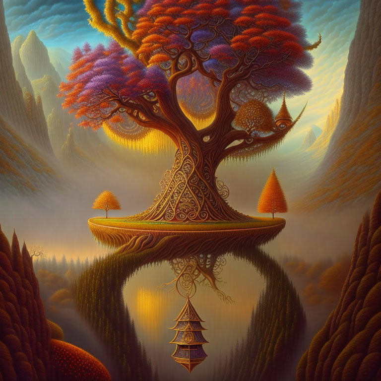 Colorful whimsical tree on floating island above reflective water