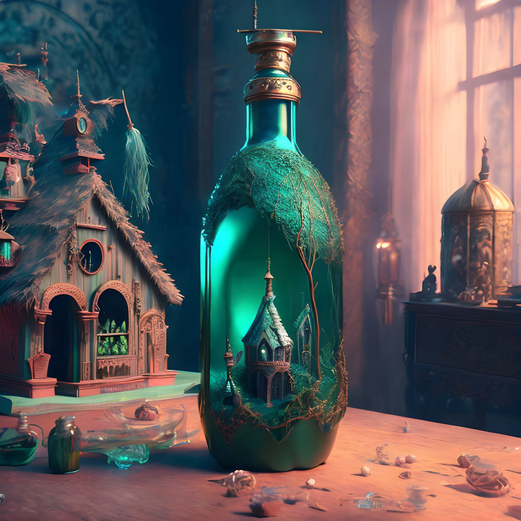 Enchanting green bottle with fairy-tale building and mystical glow