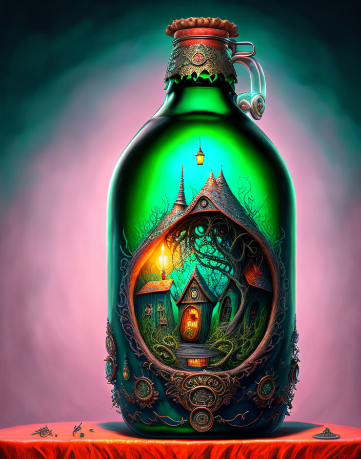 Fantasy bottle with glowing green interior and enchanted treehouse.