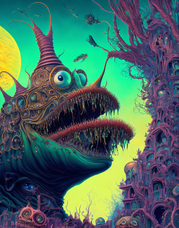 Vibrant surreal landscape: monstrous creature, twisted trees, yellow moon