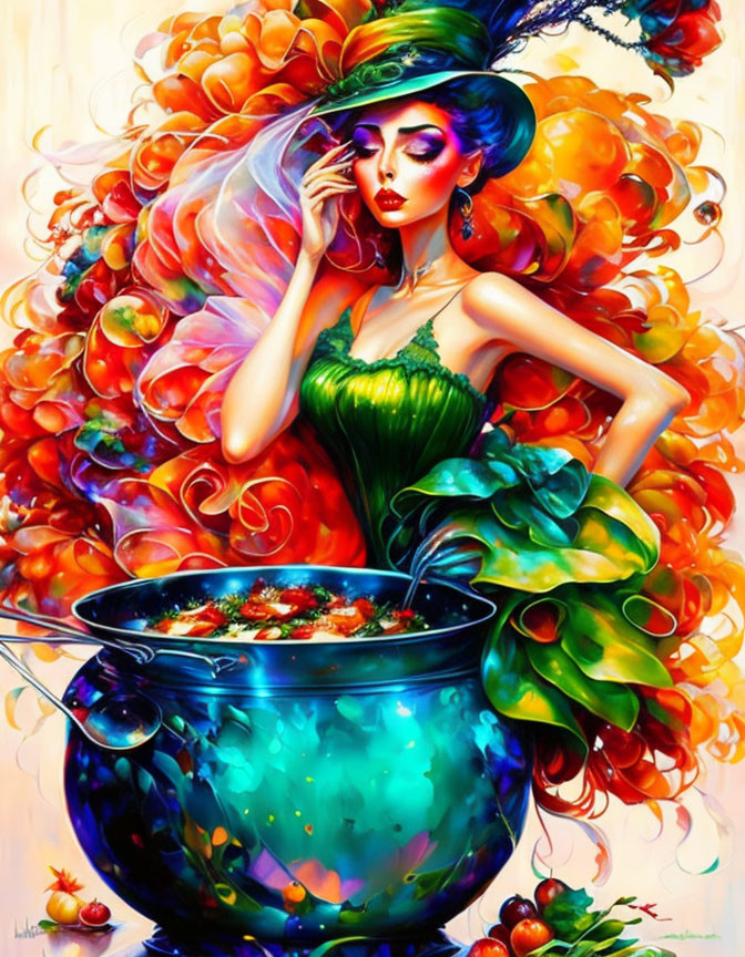 Vibrant illustration of stylish woman in green dress with tomatoes and blue cauldron