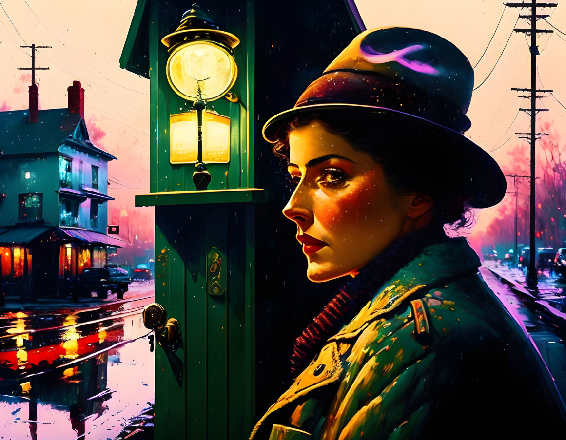 Vintage Woman in Hat and Coat by Street Lamp at Dusk with Colorful Reflections