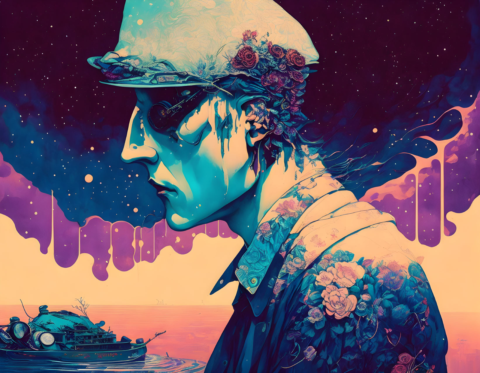 Surreal illustration: person with floral patterns, melting features, cosmic backdrop, ship at sea