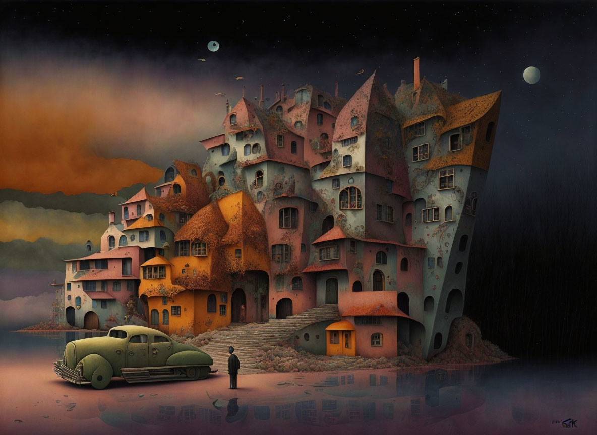 Whimsical multicolored houses with vintage car by reflective water