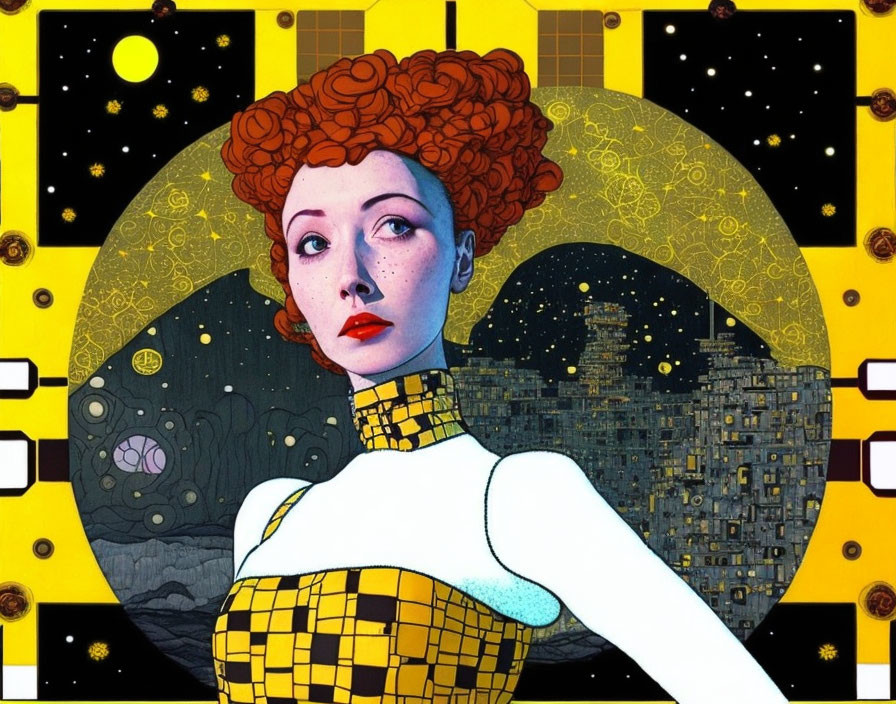 Stylized portrait of woman with red curly hair and lunar phases on cityscape background