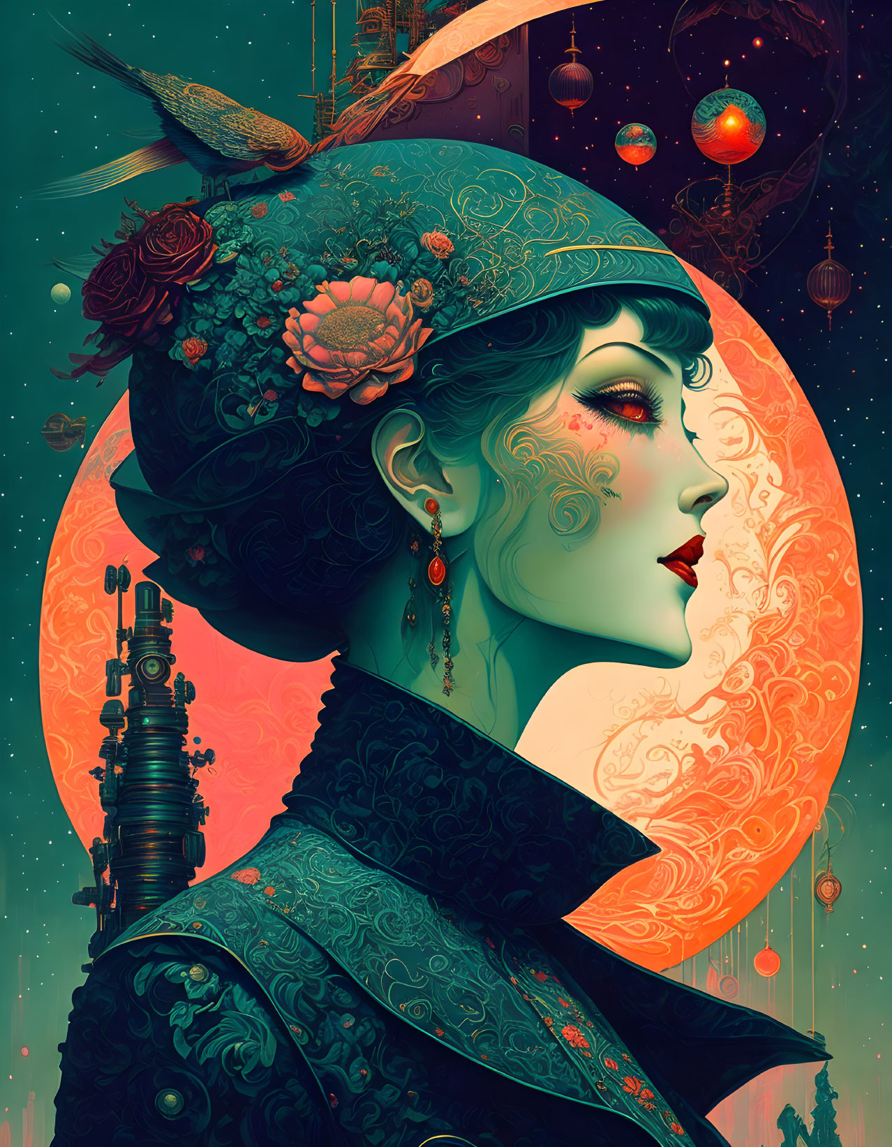 Illustrated woman in profile with ornate attire against vibrant crescent moon backdrop