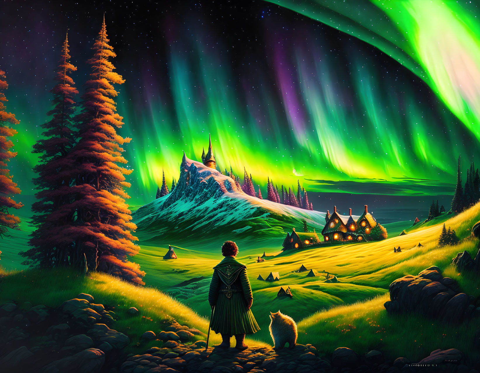 Person and small animal under aurora borealis in lush valley