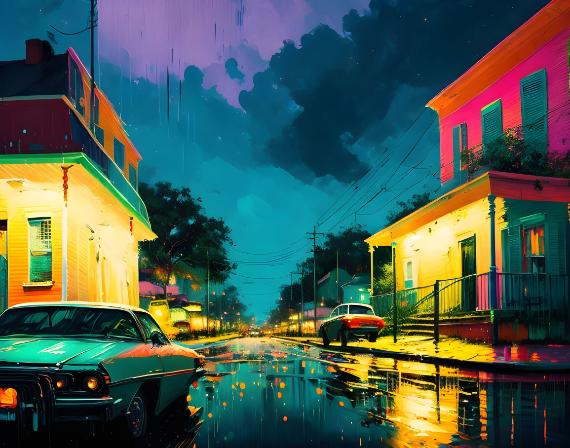 Colorful Night Street Scene with Neon Signs, Vintage Cars, and Rainy Sky