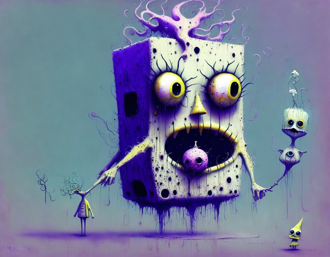 Fantastical anthropomorphic cube with multiple faces in surreal purple setting