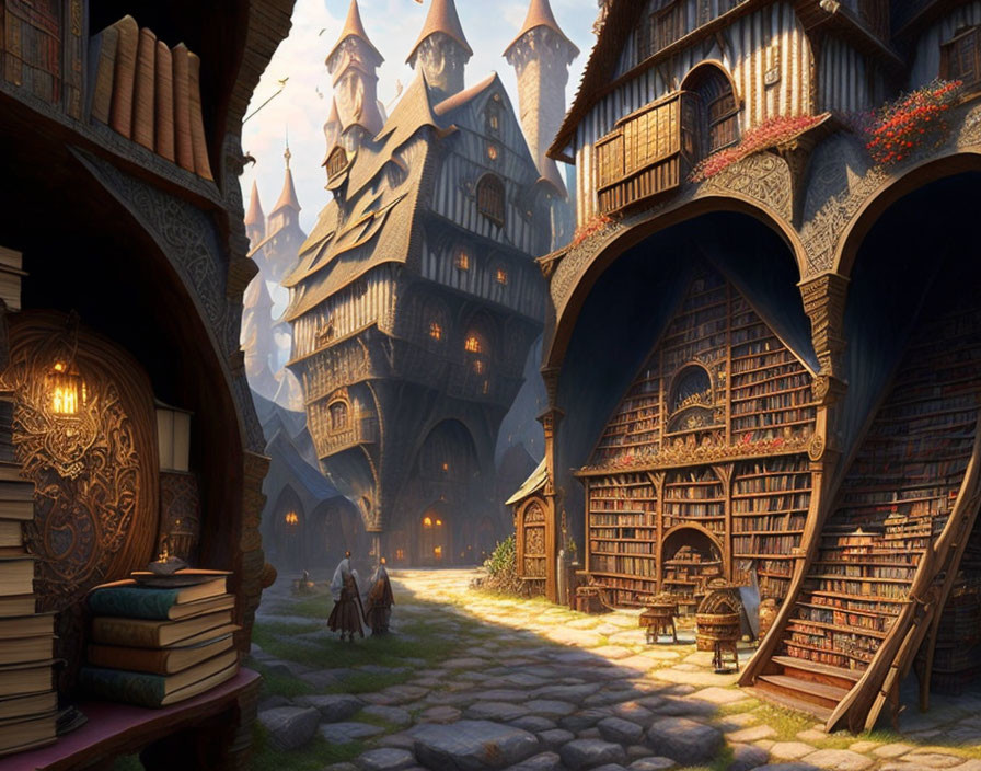 Enchanting cobblestone street with magical libraries and cloaked figures