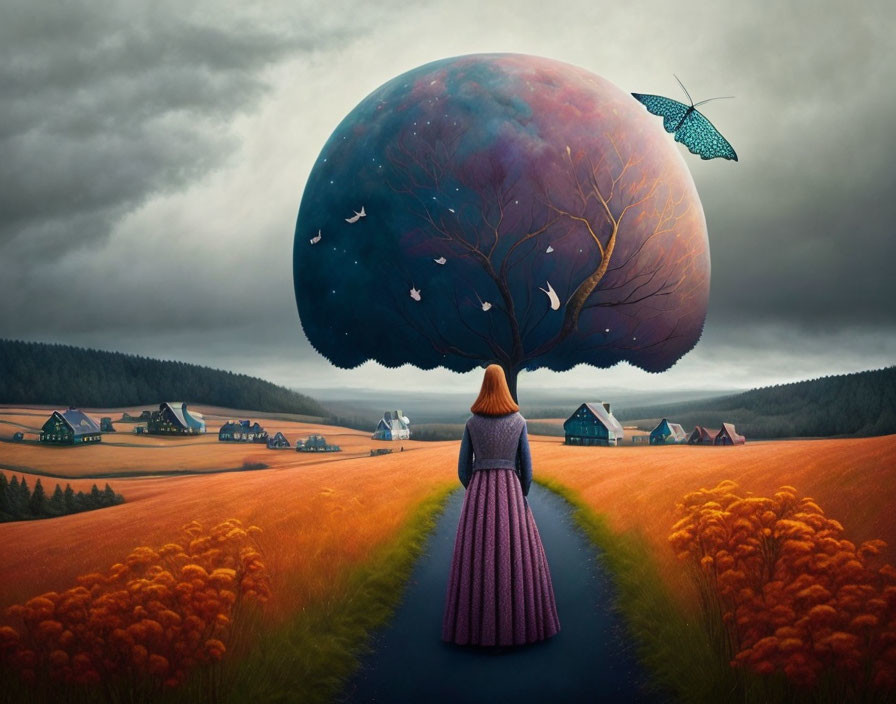 Woman in purple dress by giant tree in stormy sky scene.