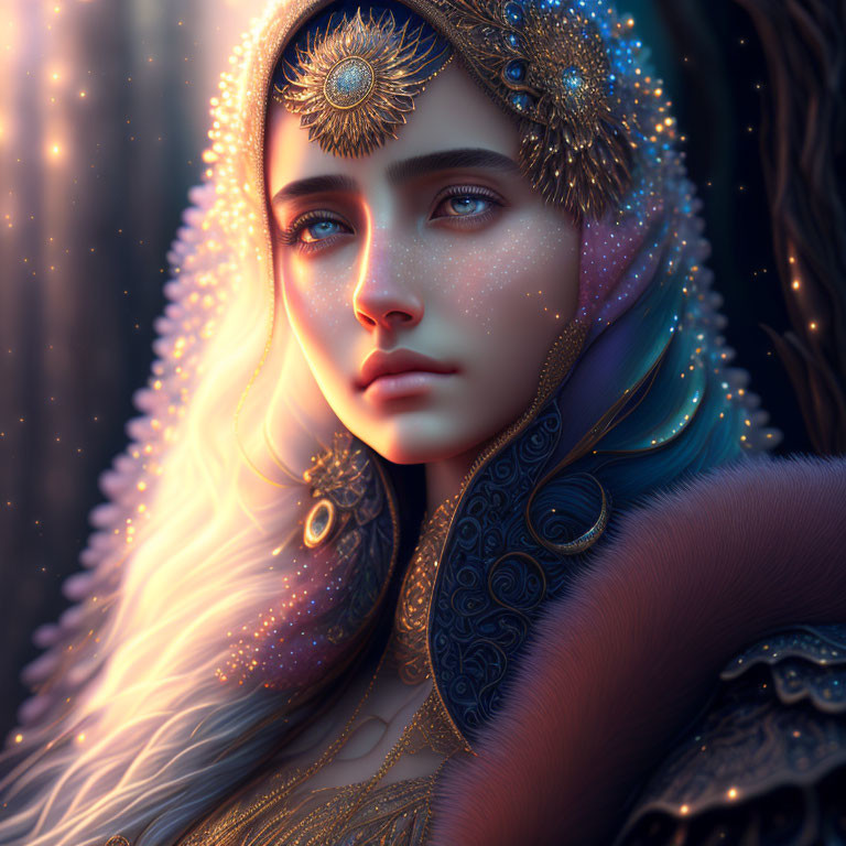 Blue-eyed woman with golden headdress and jewelry gazes thoughtfully.