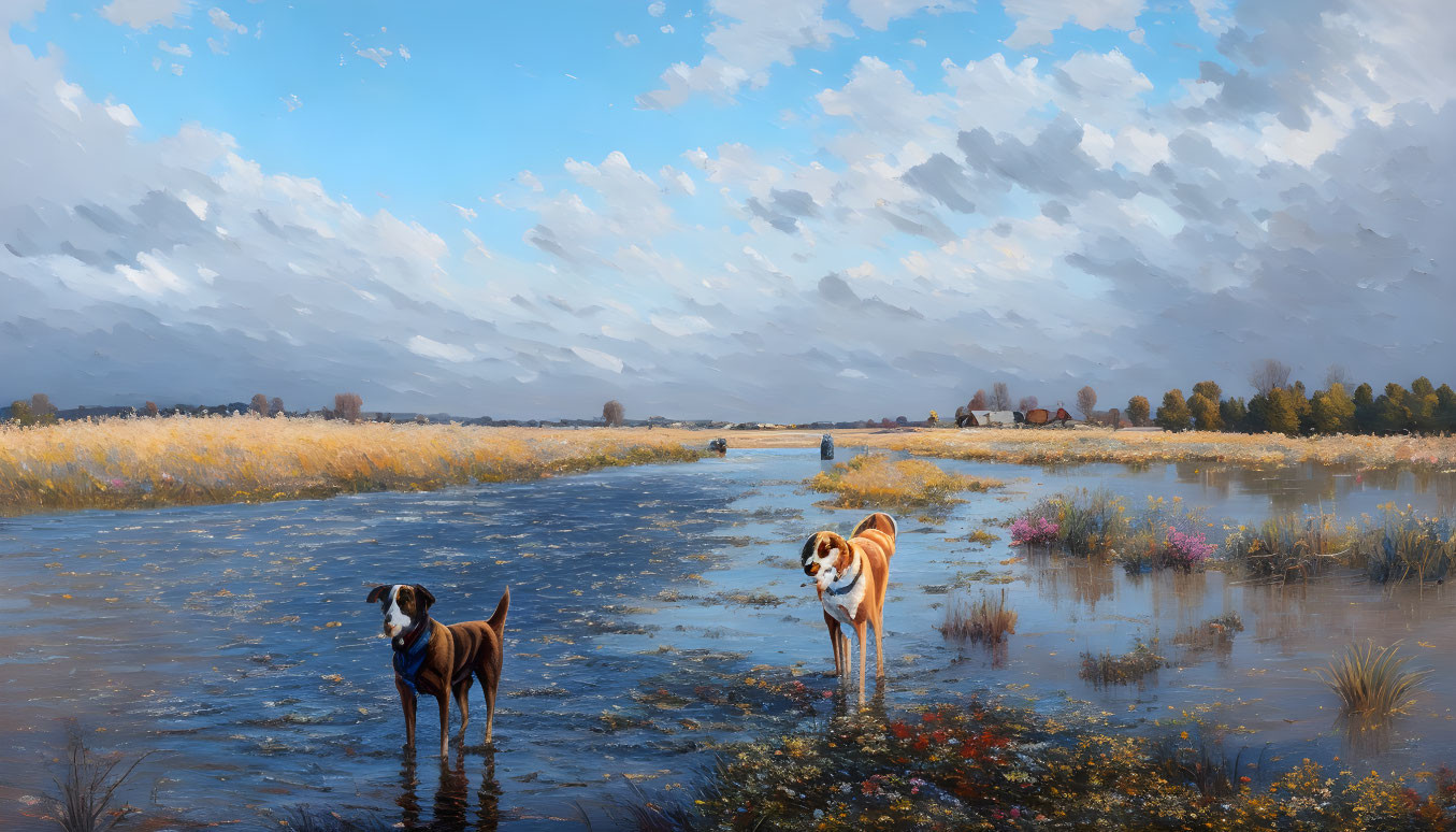 Two dogs in shallow water under serene sky and vast landscape.