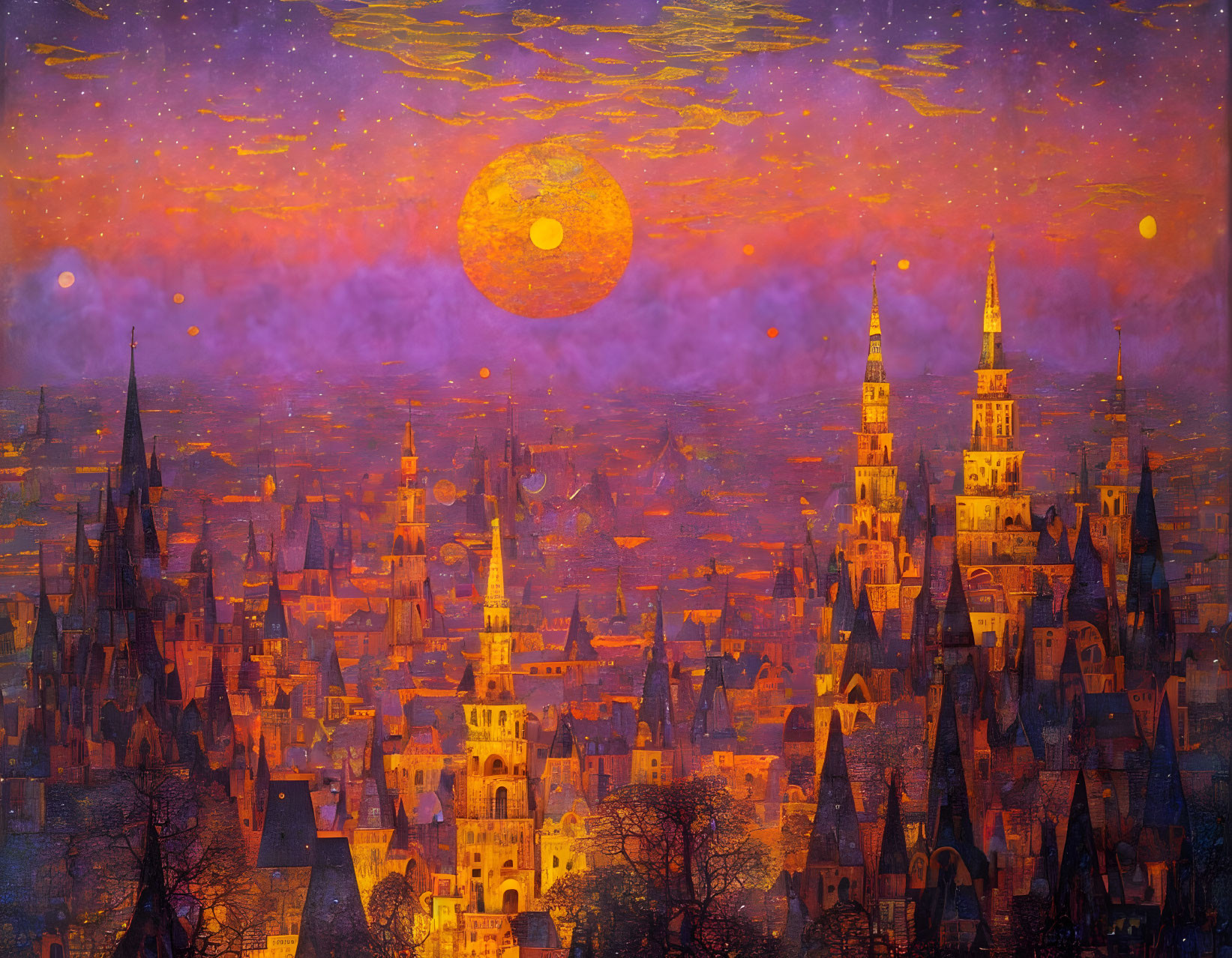 Fantastical cityscape sunset with towering spires & oversized moon