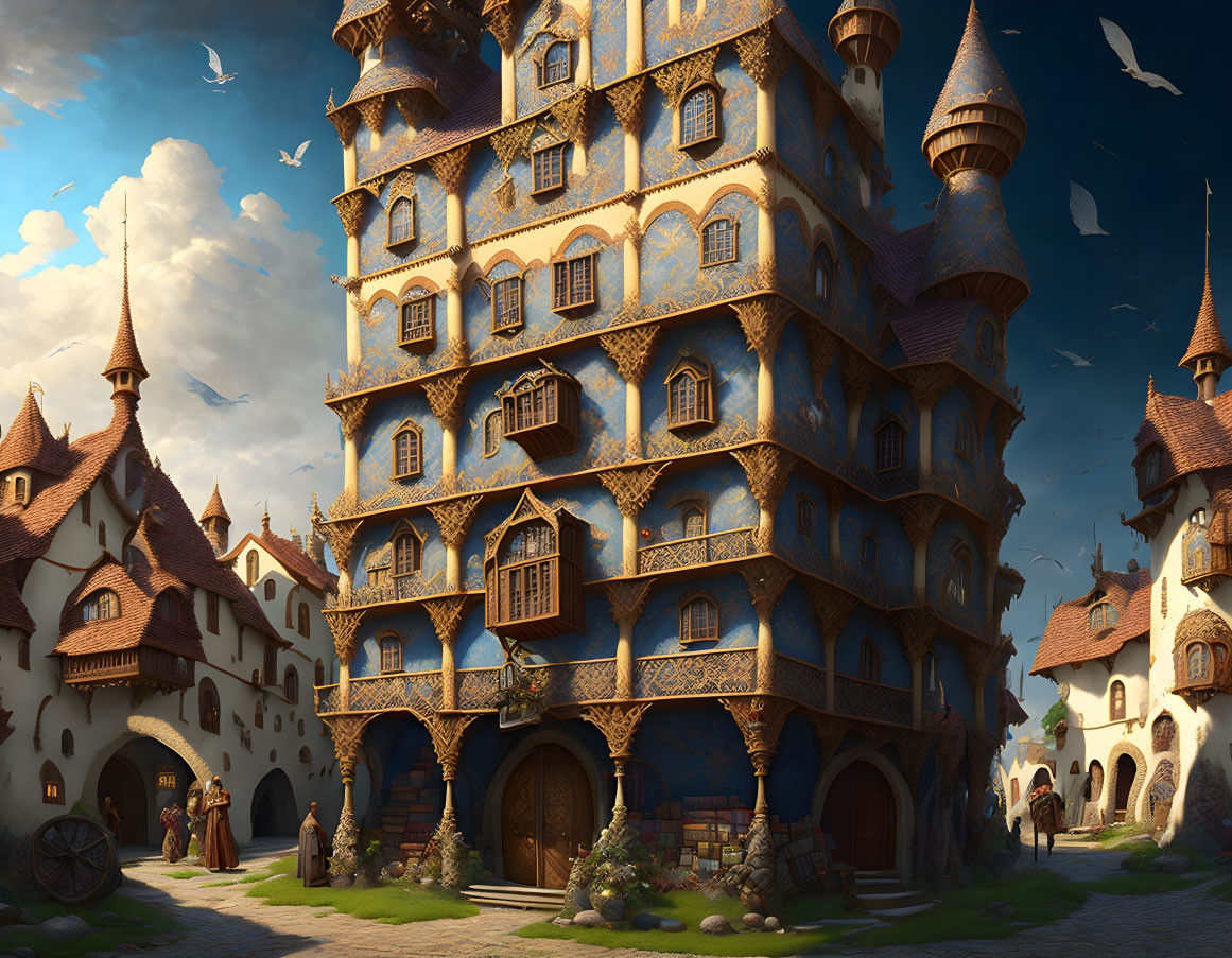 Towering fairytale castle with blue rooftops and medieval village folk