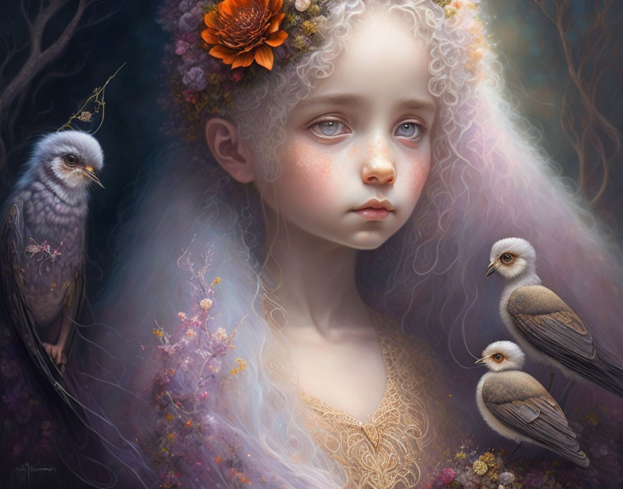 Girl with floral crown and owls in soft light