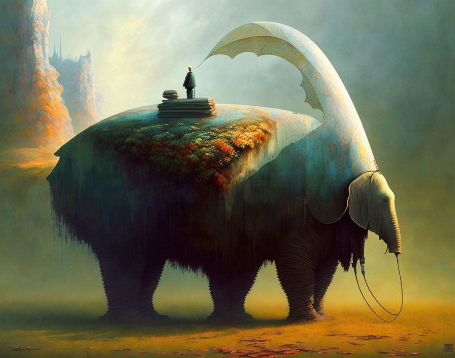 Person on colossal elephant in mystical landscape with castle