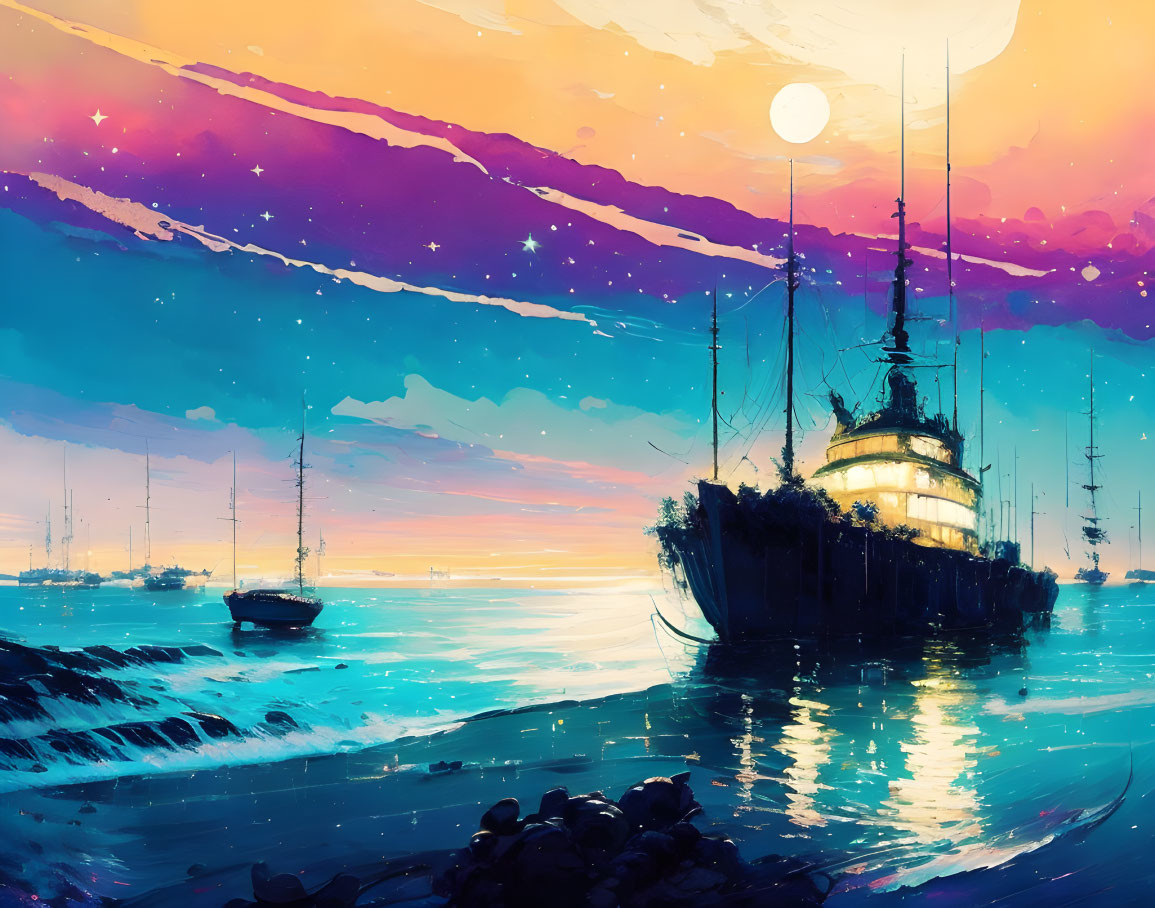 Colorful sunset over serene sea with ship silhouettes and starlit sky.