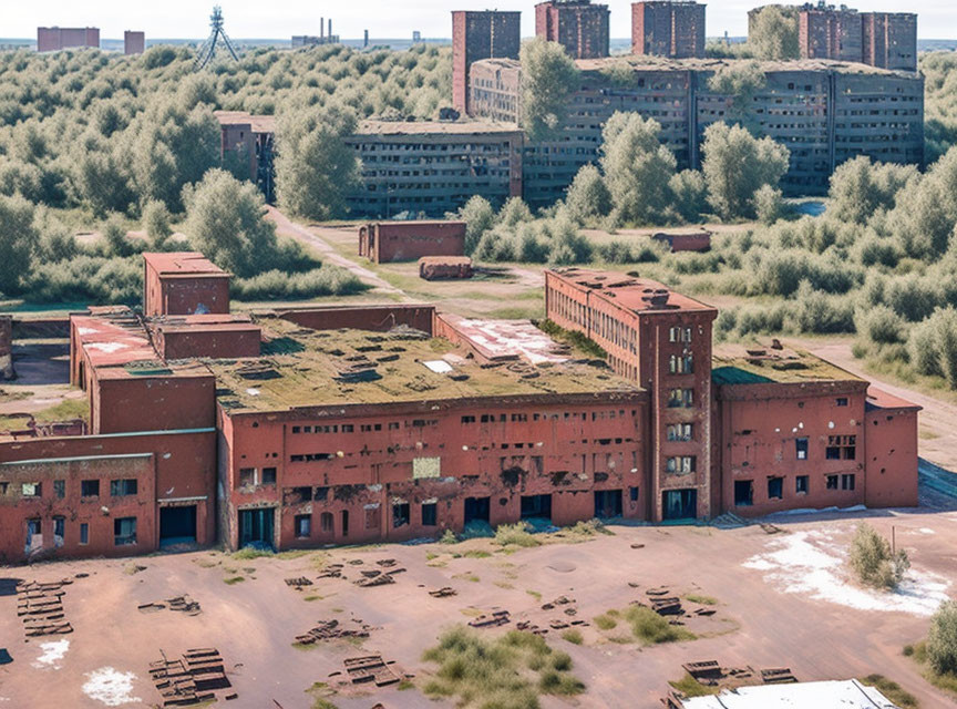 Dilapidated industrial buildings with red roofs in green landscape