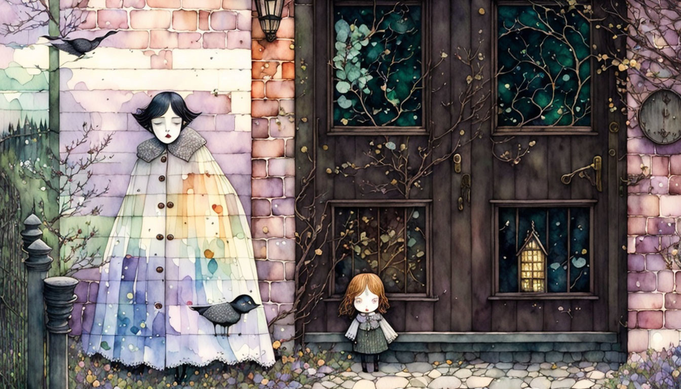 Colorful cloaked figure, girl, crow, and ivy-covered house in whimsical illustration