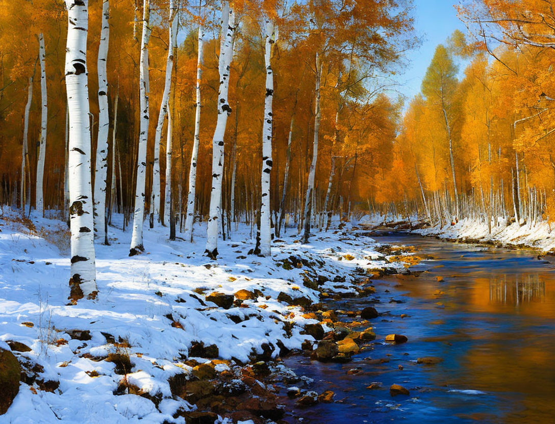 Winter landscape with yellow leaves, white birch trees, snow, and river