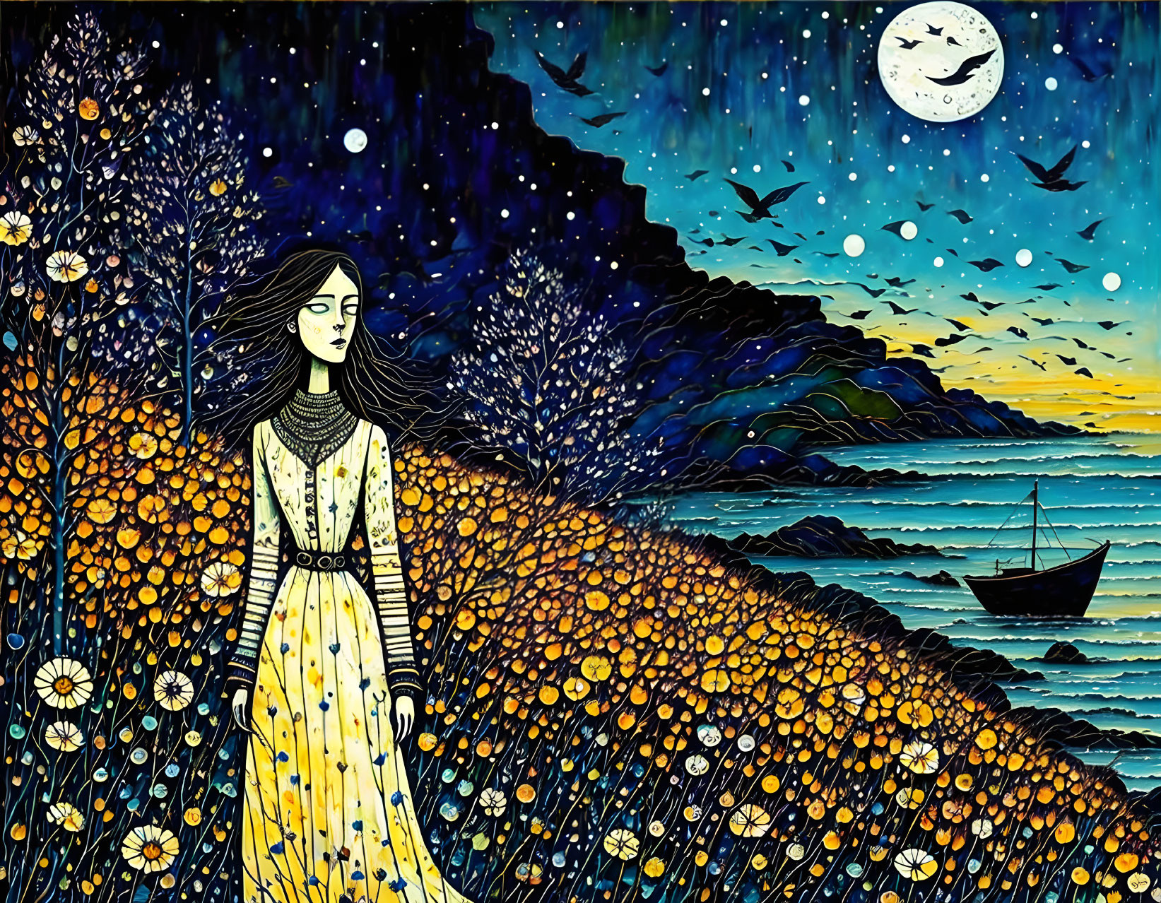 Stylized painting of woman in yellow dress in flower field by sea under starry night sky