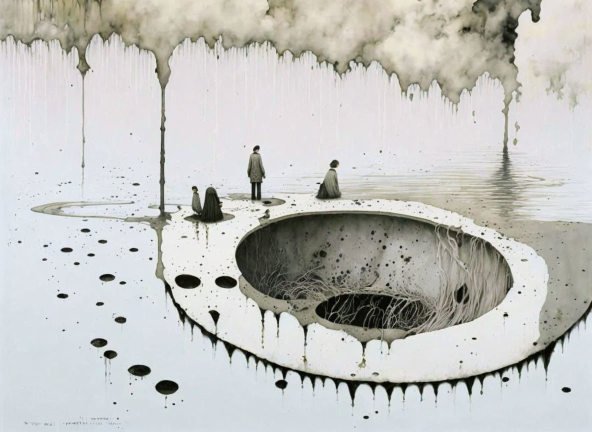 Surreal artwork of people on melting landscape with eye-shaped hole, black droplets, and white