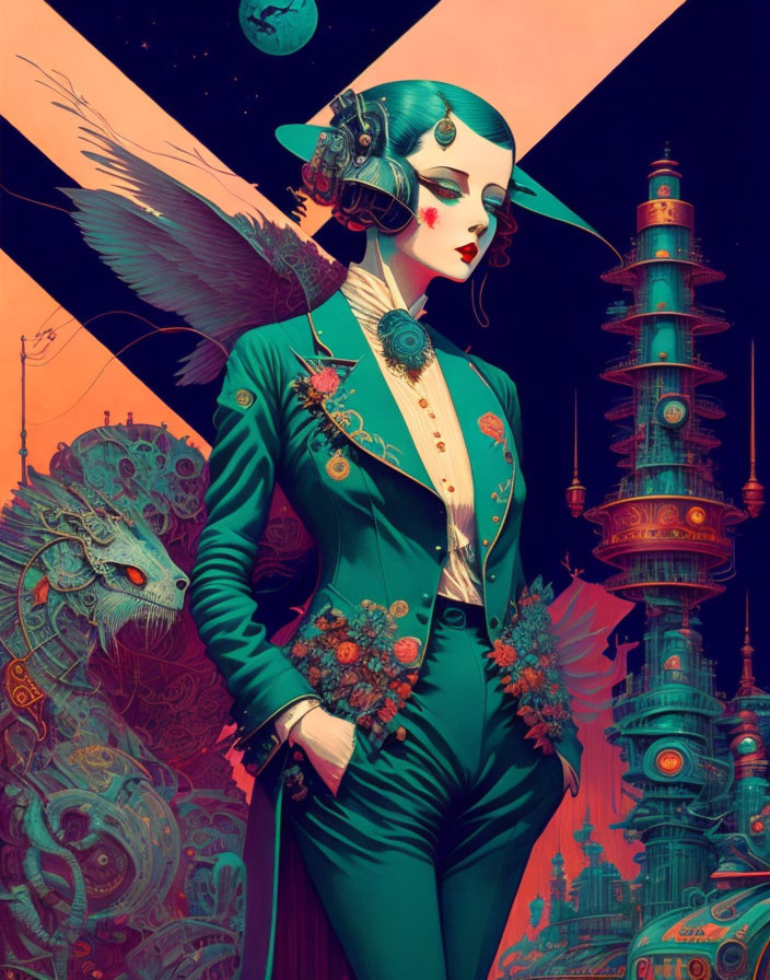 Female figure in vintage futuristic attire with intricate headgear, standing in front of dragon and towers.