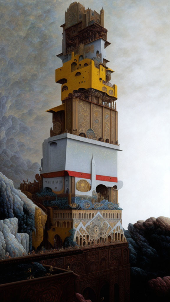 Fantastical tower with ornate levels against dramatic clouds