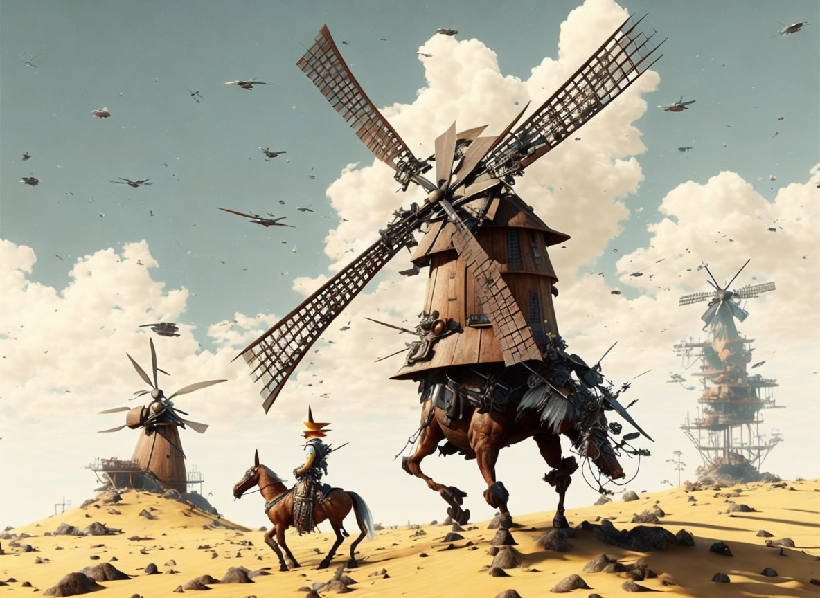 Post-apocalyptic desert landscape with moving windmill structures and a person on horseback.