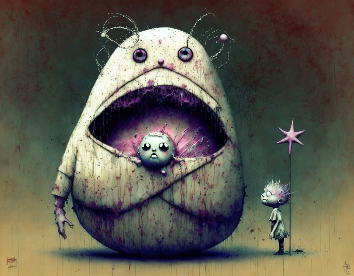 Fantasy-themed illustration of large creature and child with star wand