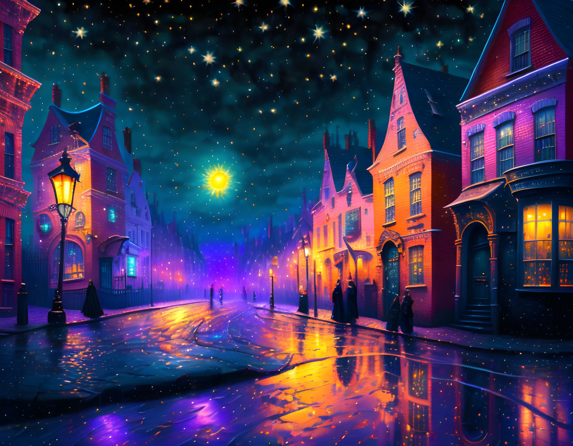 Colorful night scene with cobblestone streets, lanterns, and silhouetted figures.