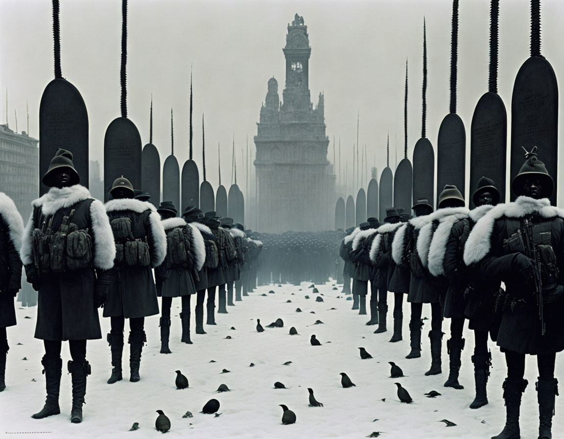 Soldiers in traditional uniforms with shields and spears in formation amidst birds and foggy tower backdrop