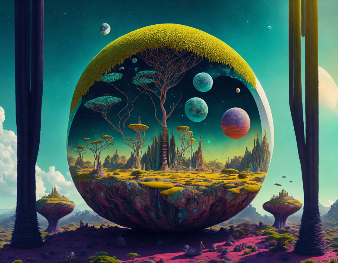 Fantastical landscape with giant sphere and alien ecosystem amid colossal pillars and planets at twilight