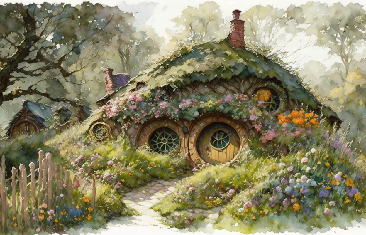 Quaint hobbit-style house illustration with thatched roof and circular windows