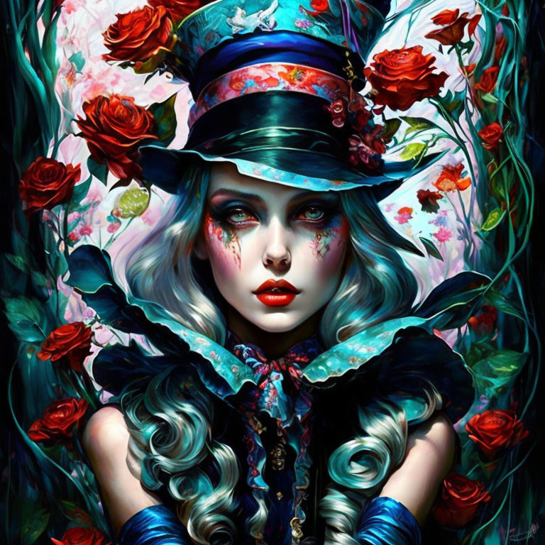 Illustrated Woman with Porcelain Skin and Blue Curly Hair in Floral Top Hat Surrounded by Dark