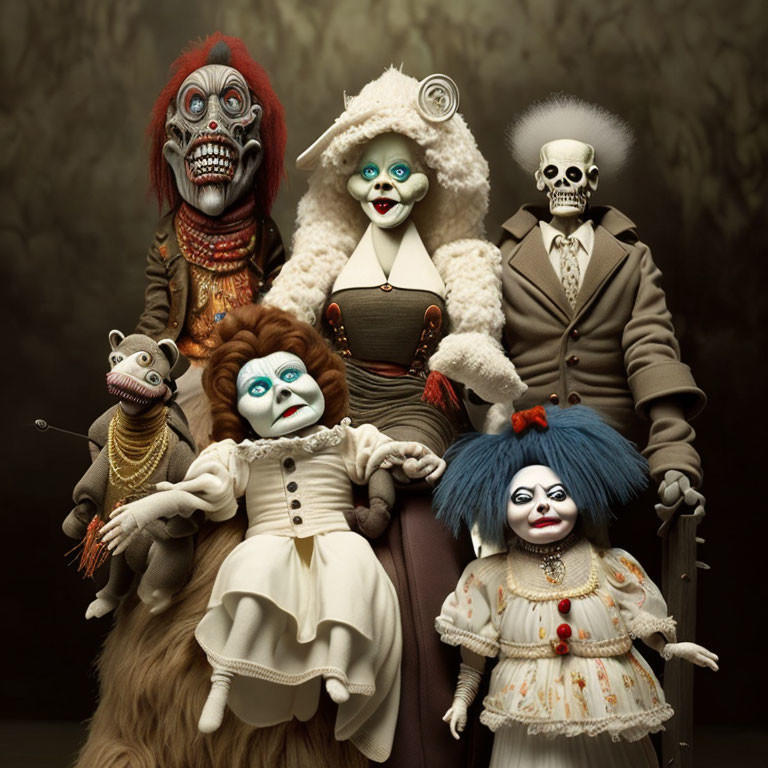 Vintage-Style Spooky Puppets in Elaborate Costumes on Brown Backdrop