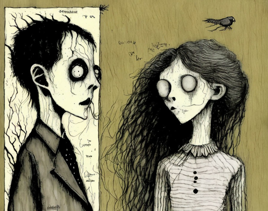 Stylized gothic characters with pale faces and dark eyes standing with flying bird