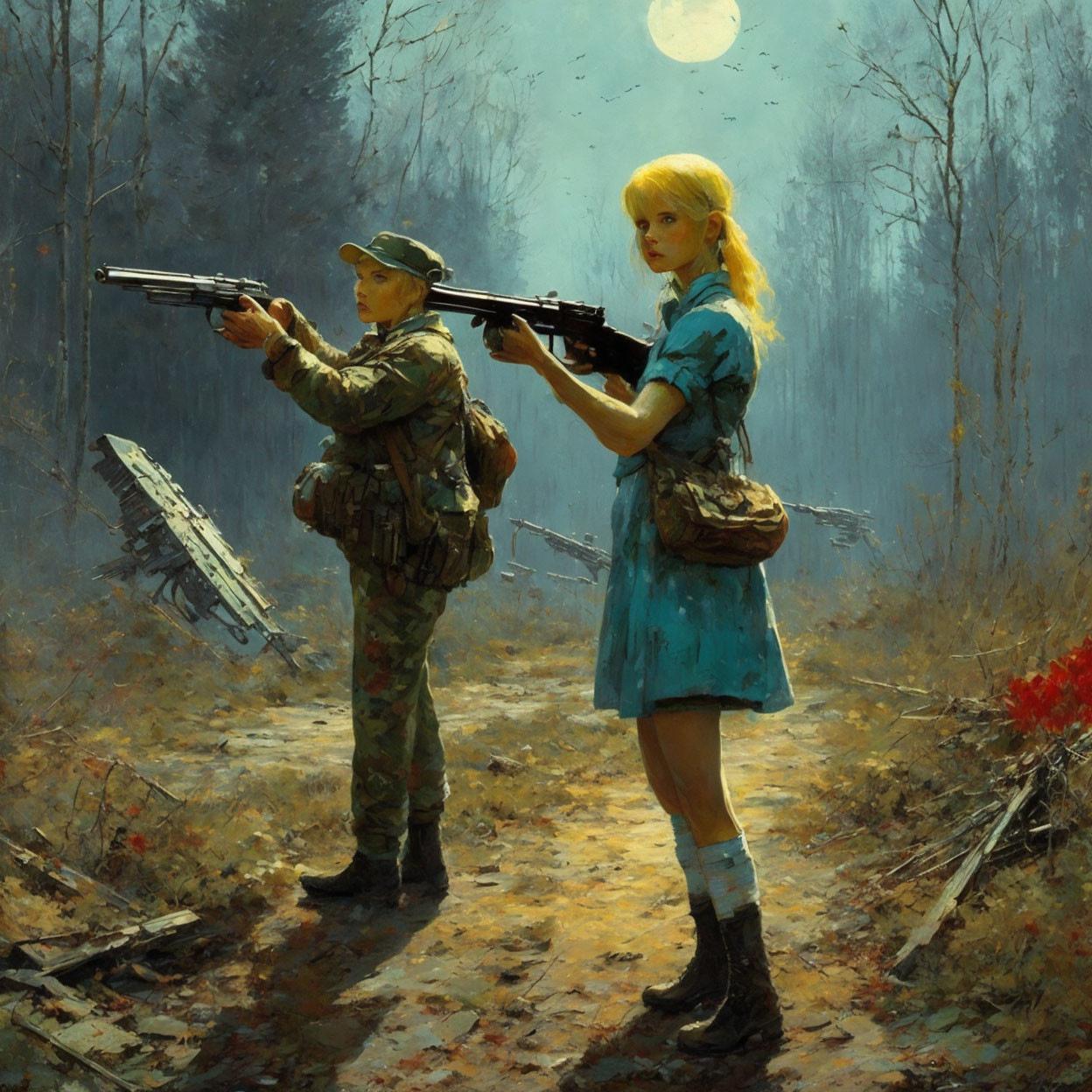 Two young women in forest: one in military attire, the other in blue dress with rifle.