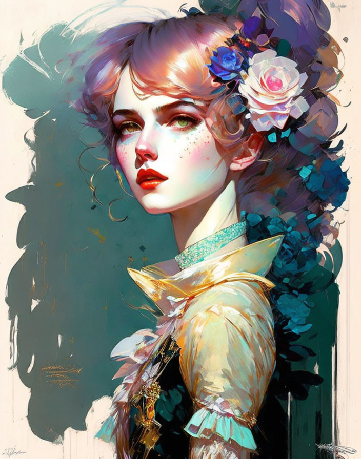 Stylized woman in elegant attire with floral accents on soft backdrop