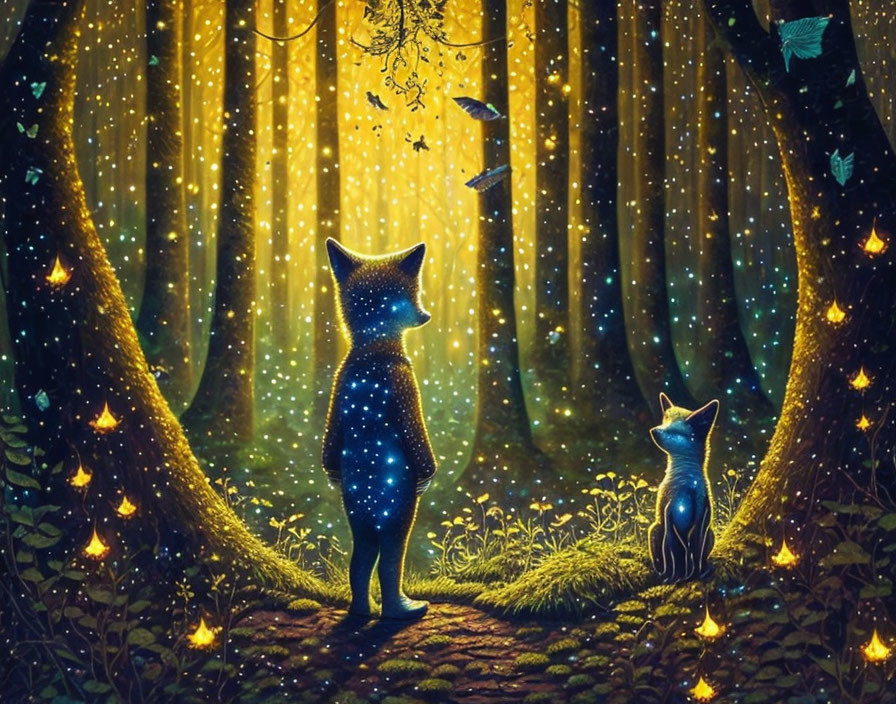 Luminous star-patterned foxes in mystical glowing forest