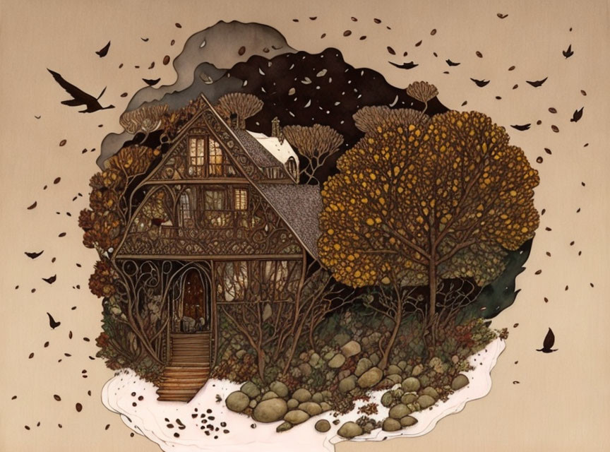 Detailed autumnal wooden cottage surrounded by swirling birds and leaves in warm tones