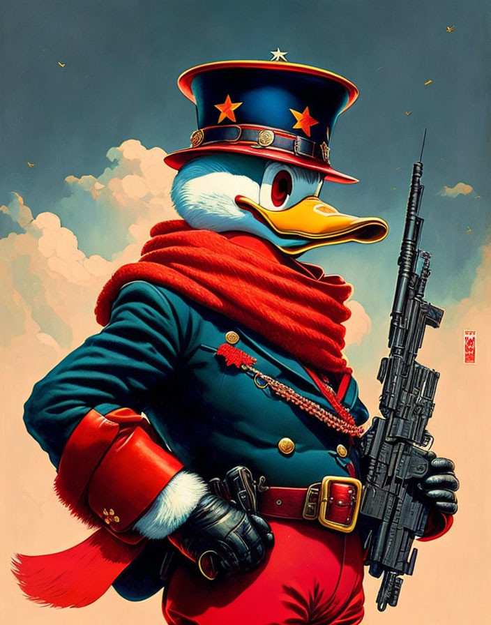 Anthropomorphic duck in military uniform with rifle on cloudy sky.