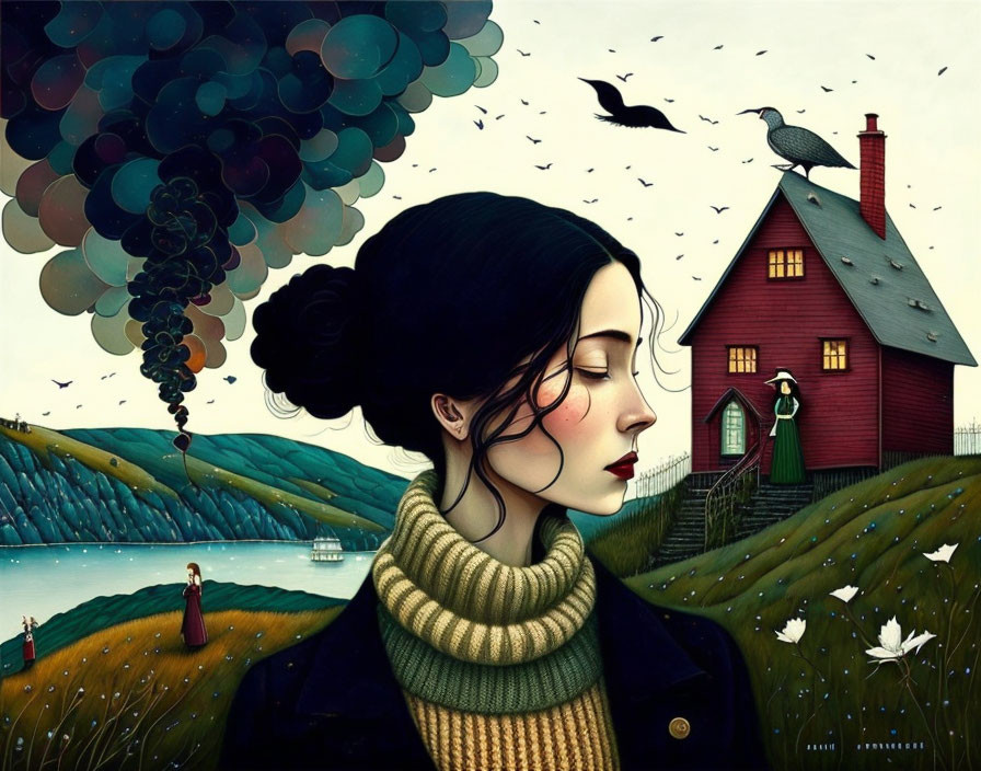 Stylized woman profile with red house and pastoral scene