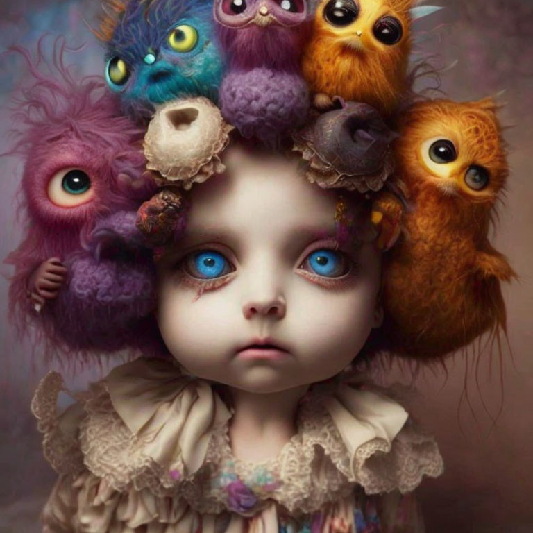 Pale Child with Striking Blue Eyes Surrounded by Colorful Creatures