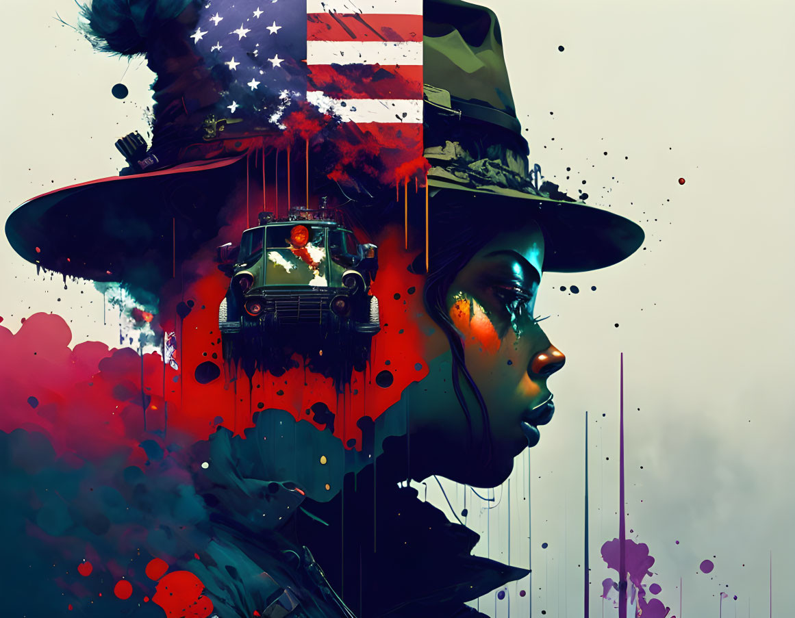 Person with American Flag Hat & Soldier in Classic Car on Paint Splatter Background