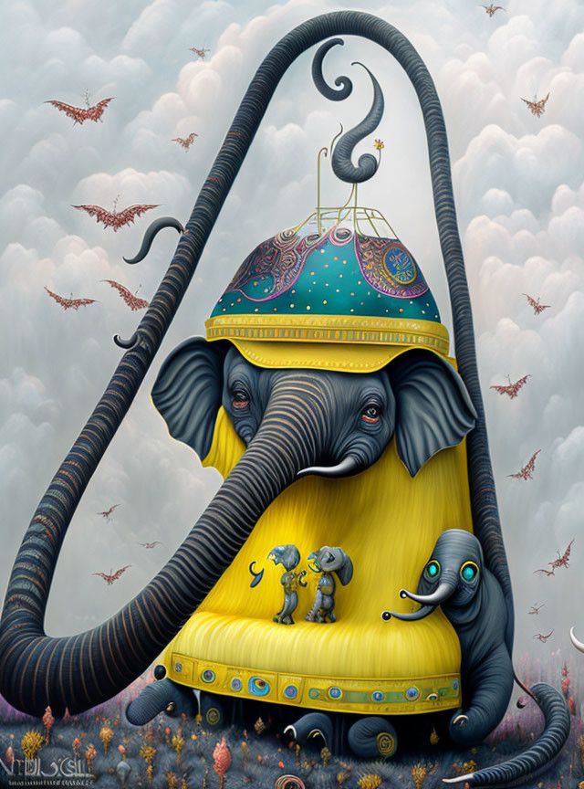 Surreal elephant illustration with long trunk and yellow garment