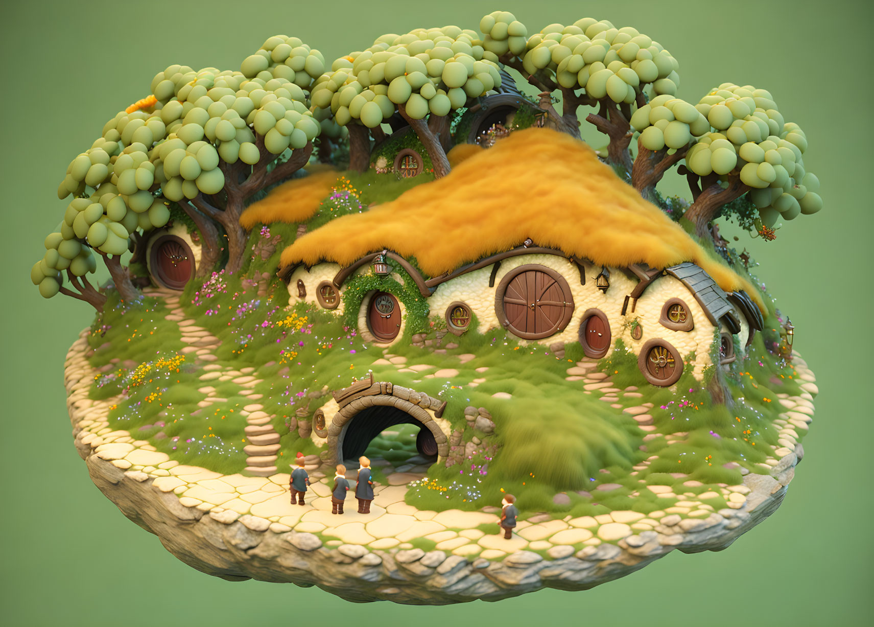 Whimsical floating island with round-doored houses amid lush greenery