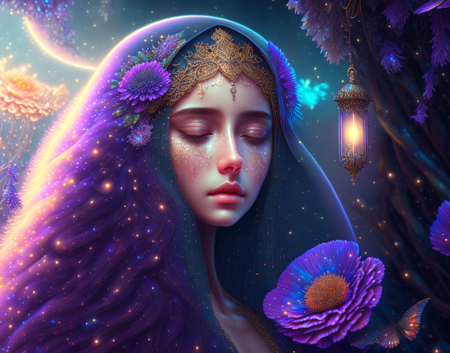 Fantasy art: Woman with starry veil, golden headpiece, glowing flowers, lanterns under