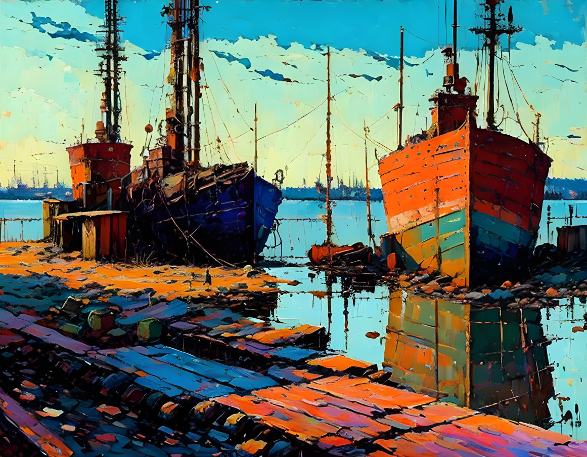 Vibrant sunset painting of docked ships with masts reflected in water